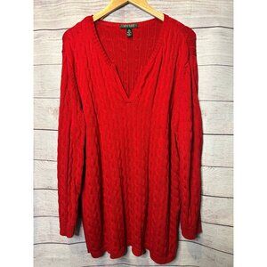 100% cotton Red, long, V-neck cable knit sweater women's plus size 3XL